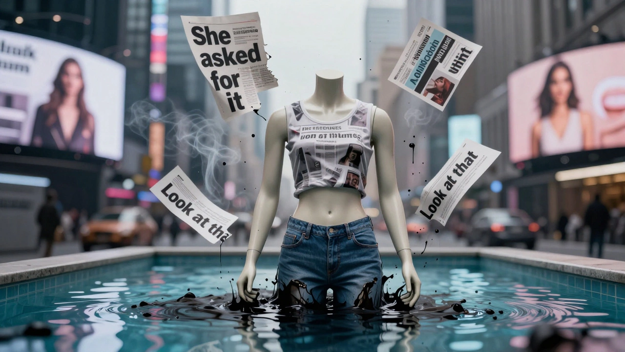 A mannequin in revealing clothing sinks in ink while media headlines float above, symbolizing public judgment and media bias.