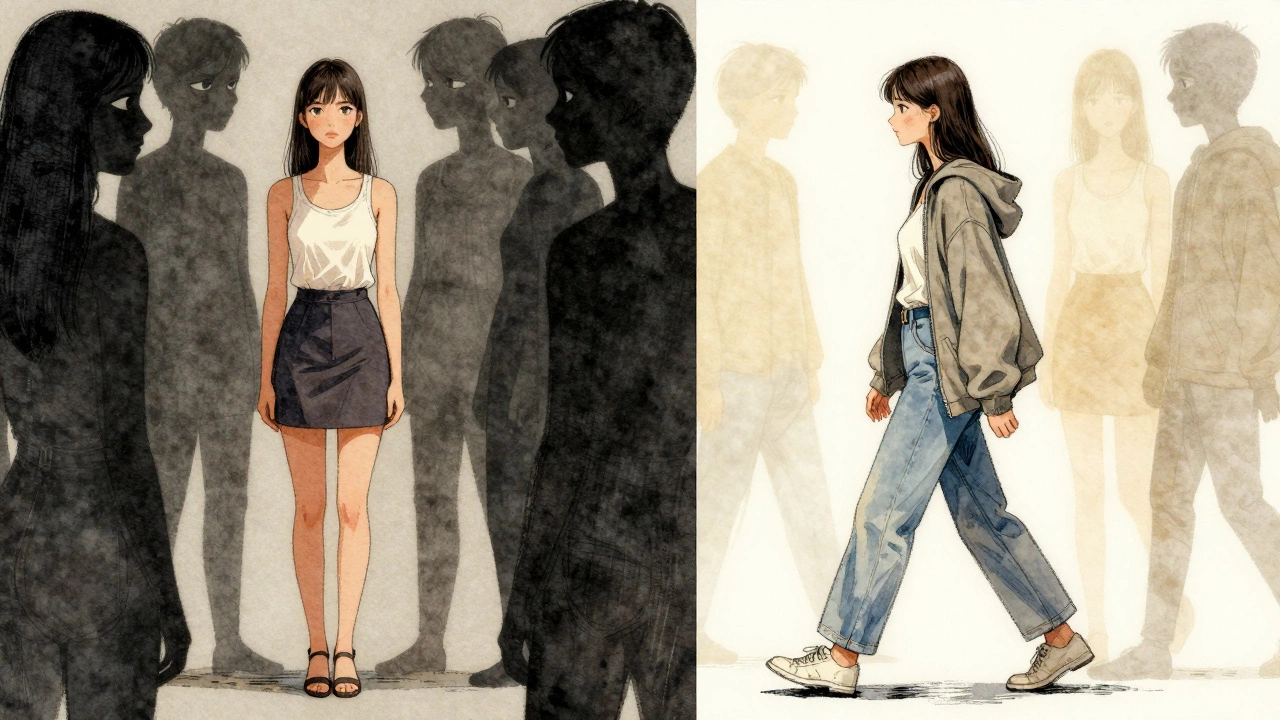 Split image showing the same woman judged in revealing clothes versus unseen in casual wear, highlighting societal double standards.